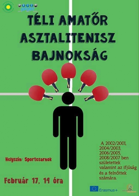 Téli Amatőr Asztalitenisz Bajnokság - A kézdivásárhelyi Asztalitenisz Iskola és a Zöld Nap Egyesület február 17-én (kedd) 14 órától a céhes városi sportcsarnokban amatőr sportolók számára asztalitenisz bajnokságot szervez.
A következő korosztályok jelentkezhetnek: 2008/2007-, 2006/2005-, 2004/2003-, 2002/2001/ben születettek , valamint az ifjúsági korosztály és a felnőttek. A fiúk és a lányok külön kategóriában szerepelnek, a mérkőzések pedig 6 asztalon fognak zajlani. A versenyre a benevezés ingyenes. A résztvevőknek kötelező sportcipőt és pingpong ütőt hozniuk. A bajnokság végén ünnepélyes eredményhirdetésre kerül sor, a legjobbak díjazásra is kerülnek!
Partnerek: Kézdivásárhelyi Önkormányzat, a városi Sportiroda és az Erasmus + program
Plakátterv: Celine Berthier