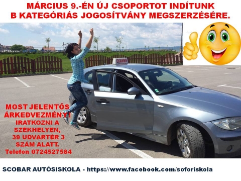 �j csoport indul B kateg�ri�ban - M�rcius 9-�n �j csoportot ind�tunk B kateg�ri�s jogos�tv�ny megszerz�s�hez.
Most jelent�s �rkedvezm�ny!
Iratkozni a sz�khelyen, K�zdiv�s�rhely 39-es Udvart�r 3 sz�m alatt.
Telefon: 0724527584.
