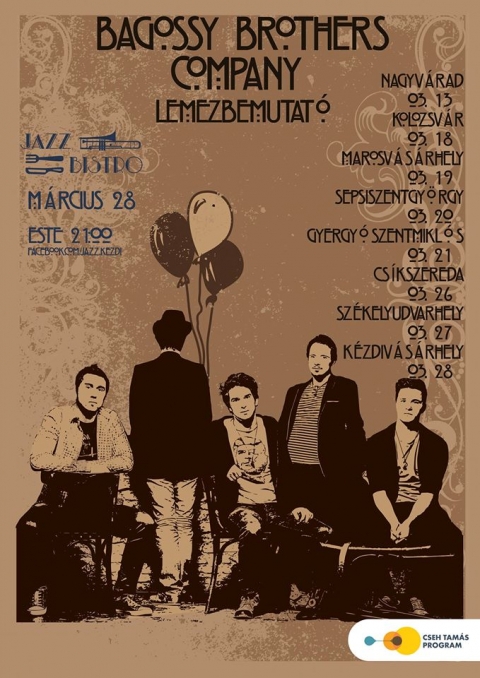 Bagossy Brothers Company lemezbemutató koncert - A Bagossy Brothers Company nagylemezének bemutató koncertje 2015 március 27.-én hallható a Jazz Caféban 21 órától.
A zenekar 2013 májusában alakult Gyergyószentmiklóson, több éve együtt zenélő tagokból. Az indie/alternatív/folk hangzásvilág az előző évek tapasztalatai alapján kialakult és újragondolt zenei irányvonal eredménye. Hét saját szerzeményt tartalmazó kislemezük 2013 decemberében készült el “Ha rólad szólna” címmel. 2014 novemberében a zenekar rögzítette első nagylemezének anyagát. Legnépszerűbb dalaik rendszeresen hallhatóak az erdélyi és a magyarországi rádiókban. A 2014-es esztendőben több mint 70 élő koncertet adott a Bagossy Brothers Company erdélyi és magyarországi helyszíneken, állandó szereplője volt a legfontosabb erdélyi zenei rendezvényeknek, fesztiváloknak (Tusványos, EMI tábor, SIC feszt, Szentgyörgynapok, Youth Fest stb.), de meghívást kapott a Kapolcsi Művészetek Völgyébe is.
A zenekar nevét a Bagossy testvérpár – Bagossy Norbert (gitár/ének) és Bagossy László (basszusgitár/vokál) – családneve ihlette, hozzájuk csatlakoztak zenésztársaik, Bartis Szilárd (dobok), Tatár Attila (gitárok, vokál) és Kozma Zsombor (hegedű, harmónika, billentyűk).
https://www.youtube.com/watch?v=MF03BavqfXk