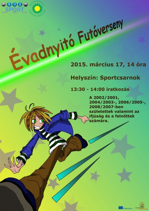 Évadnyitó futóverseny - A kézdivásárhelyi Sportiroda és a Zöld Nap Egyesület március 17-én 14 órától évadnyitó futóversenyt szervez a céhes városi sportcsarnokban.
A program célja az egészséges életmód és a sport népszerűsítése a futás által, az amatőr sportolás szélesebb körben való megismertetése, valamint a versenyzés lehetőségének biztosítása. A kedd délutáni futóverseny 2009-2010-, 2008-2007-, 2006-2005-, 2004-2003, 2002-2001-ben születettek és az ifjúsági korosztály (2000-ben születettek és annál idősebbek) számára van meghirdetve.
Az eseményre a helyszínen lehet benevezni 13:30 perctől, nevezési díj nincs. A sportolók hozzanak magukkal igazolást, hogy egészségesek! (családorvostól, testnevelő tanártól, szülőtől, telefonszámmal ellátva). A kényelmes öltözet és a váltócipő szükséges. A szervezők nagy szeretettel várnak minden mozogni, szaladni vágyó fiatalt.
Plakátterv: Clara Bejarano Sanchez