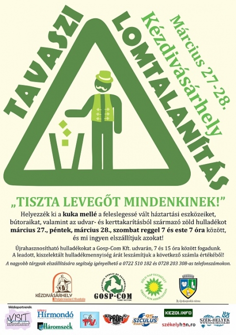 Tavaszi lomtalanítás és nagytakarítás - Legyen Kézdivásárhely az újrahasznosítás városa! A helyi önkormányzat és a Gosp-Com Kft. ismét meghirdeti a háztartások tavaszi nagytakarítását.
Helyezze ki a szeméttárolók környékére kidobásra szánt, nagy terjedelmű tárgyait, valamint bezsákolt kerti hulladékát, és azokat március 27-én, pénteken 7–19 óráig, március 28-án, szombaton 7–19 óráig ingyen elszállítják.
A fent említett két napon Zöld Szigetek is működnek majd a városban: a sportcsarnok előtti téren, az egykori katonanevelde előtti téren (Függetlenség utca) és a Gosp-Com Kft. udvarán (7–15 óra között). Ide lehet leadni – számlacsökkentés ellenében – fáradt olajat, CD-t, DVD-t, akkumulátort és elemet, valamint elektromos készüléket, üveget, papírt és PET-palackot. A nagyobb tárgyak elszállítására segítség igényelhető a 0728.203.308-as, illetve munkanapokon a 0267.361.060-as telefonszámon.
Az önkormányzat felkéri a lakosságot, illetve a lakótársulásokat, tisztítsák meg a hozzájuk tartozó zöldövezeteket, és a gazt, a papírokat, műanyagokat a fenti program szerint helyezzék el a konténerek mellett.