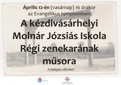 A Moln�r J�zsi�s R�gi zenekar�nak m�sora - �prilis 12.-�n vas�rnap 16 �r�t�l az Moln�r J�zsi�s iskola R�gi zenekar�nak m�sor�t l�thatj�k az Evang�likus templomban.
Bel�p�s d�jtalan. 


