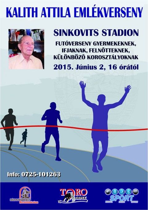 Kalith Attila emlékverseny - futóverseny a Sinkovits Stadionban - Június 2-án 16 órától szervezi meg a Kalith Attila emlékversenyt a Sinkovits stadionban Kézdivásárhelyen. Erre az alkalomra szeretettel várjuk a futni szerető óvodásokat, iskolásokat, ifjakat és felnőtteket egyaránt. versenyezni lehet a következő távokon: 100 m, 400 m, 800 m és 2000 m. Minden korosztályt külön díjazunk.
A sportolók hozzanak magukkal orvosi igazolást, amelyből kiderül, hogy egészségesek, vagy jöjjenek pedagógusukkal, szüleikkel a versenyre. A felnőttek a helyszínen irhatnak felelősségvállalási nyilatkozatot.
Iratkozni a 0754 646744-es telefonszámon lehet, vagy 15 órától a helyszínen.
Rendezvény a Sport Iroda, Kézdivásárhely Önkormányzata és a Toro Impex hozzájárulásával.
Bővebb információk: 0725-101263
https://wwww.facebook.com/kezdisport