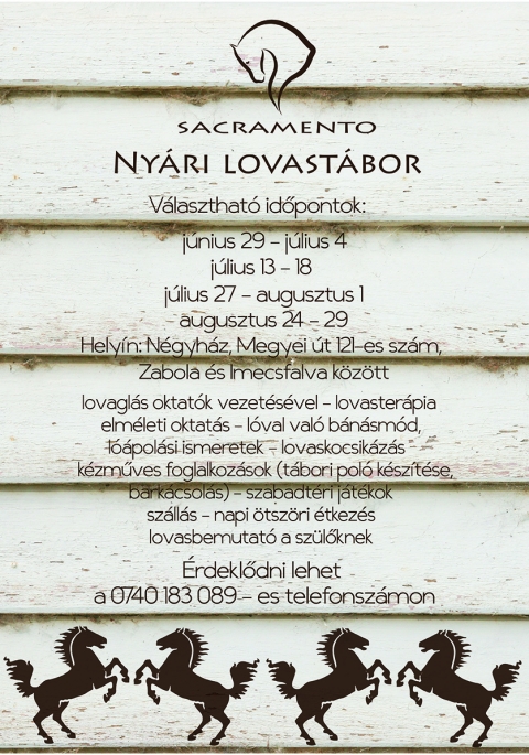 Nyári lovastábor - NYÁRI LOVASTÁBOR Választható időpontok:
június 29 - július 4
július 13 - 18
július 27 - augusztus 1
augusztus 24 - 29
Helyszín: Négyház, Megyei út 121-es szám, Zabola és Imecsfalva között
Amit kínálunk:
- lovaglás lovas oktatók vezetésével
- lovasterápia
- elméleti oktatás
- lóval való bánásmód, lóápolási ismeretek
- lovaskocsikázás
- kézműves foglalkozások (tábori poló készítése,
barkácsolás, egyéb programok )
- szabadtéri játékok: játszótér, tollaslabda, ping-pong
- szállás (halózsák szükséges)
- napi ötszöri étkezést (reggeli,tízórai, ebéd, uzsonna, vacsora)
- a tábor végén lovasbemutató a szülőknek
Érdeklődni: Tel.: 0740 183 089
www.facebook.com/sacramento.lovasklub