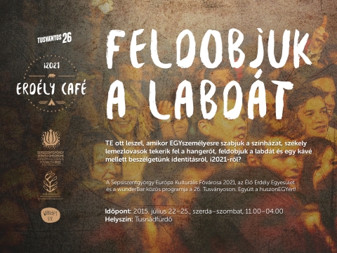 i2021 Erdély Café, Tusványos program - 2015-07-22, Szerda
11:00 - Az i2021-ről egy reggeli kávé mellett – 25 eszpresszó. 1 szokatlan barista. Néhány információ és gondolat.
12:00–17:00 Feldobjuk a labdát. 1000 fehér labda. 2000 alkotó kéz. Labdafestés - sokszínűségünk játékos megmutatása.
14:30 Hagyatékápolás józan ésszel. A megtartás előnyös - hogyan hasznosítsuk másképpen csűrjeinket és miképpen bővítsük hagyományos falusi házunkat? - Tövissi Zsolt, építész, műemléki szakmérnök, a Plant Studio Kft. vezetője; Esztány Győző, építész, a Kós Károly Egyesülés tagja, az Esztány Studió Épitésziroda Kft. vezetője; Molnár Judit, a Pogány-havas Kistérség igazgatóhelyettese; Süket Zsombor, a Felcsík Kistérség igazgatója
16:00–19:00 egySZEMÉLYES színház pár percben. 5 percenként egy új néző. Egy játék, amely az ismeretlenbe visz. Színészek: Benedek Ágnes, Dálnoky Csilla, Dávid Gulácsi Zsuzsanna, Dávid Péter, Giacomello Roberto, Márton Réka, Moşu Norbert-László, Nagy Alfréd, Vass Csaba, Veres Nagy Attila
24:00–04:00 Székely lemezlovasok, szevasztok – székely Dj Battle: Jumbo (Kézdivásárhely) vs. Slim Rocka (Sepsiszentgyörgy)
2015-07-23, Csütörtök
11:00 Az i2021-ről egy reggeli kávé mellett - 25 eszpresszó. 1 szokatlan barista. Néhány információ és gondolat.
12:00–17:00 Feldobjuk a labdát. 1000 fehér labda. 2000 alkotó kéz. Labdafestés - sokszínűségünk játékos megmutatása.
14:30 Elképzelt Erdély - a valóság és a képzelet kontrasztjai – Csíki András, az Erdélyt Járók Közhasznú Egyesületének elnöke
16:00–19:00 egySZEMÉLYES színház pár percben. 5 percenként egy új néző. Egy játék, amely az ismeretlenbe visz. Színészek: Benedek Ágnes, Dálnoky Csilla, Dávid Gulácsi Zsuzsanna, Dávid Péter, Giacomello Roberto, Márton Réka, Moşu Norbert-László, Nagy Alfréd, Vass Csaba, Veres Nagy Attila
24:00–04:00 Székely lemezlovasok, szevasztok – székely Dj Battle: Missile (Csíkszereda) vs. Buff (Sepsiszentgyörgy)
2015-07-24, Péntek
11:00 Az i2021-ről egy reggeli kávé mellett - 25 eszpresszó. 1 szokatlan barista. Néhány információ és gondolat.
12:00–17:00 Feldobjuk a labdát. 1000 fehér labda. 2000 alkotó kéz. Labdafestés - sokszínűségünk játékos megmutatása.
14:30 Nőileg Erdélyben - Dósa Zoltán, pszichológus, író; Asztalos Ágnes, Forró Gyöngyvér, Kovács Eszter, Magyari Tekla, Ménessy Kinga-Kitty, Sipos Betti, a Nőileg magazin szerkesztői
16:00–19:00 egySZEMÉLYES színház pár percben. 5 percenként egy új néző. Egy játék, amely az ismeretlenbe visz. Színészek: Benedek Ágnes, Dálnoky Csilla, Dávid Gulácsi Zsuzsanna, Dávid Péter, Giacomello Roberto, Márton Réka, Moşu Norbert-László, Nagy Alfréd, Vass Csaba, Veres Nagy Attila
24:00–04:00 Székely lemezlovasok, szevasztok – székely Dj Battle: Goranga (Csíkszereda) vs. küb_beat (Sepsiszentgyörgy)
2015-07-25., Szombat
11:00 Az i2021-ről egy reggeli kávé mellett - 25 eszpresszó. 1 szokatlan barista. Néhány információ és gondolat.
12:00–17:00 Feldobjuk a labdát. 1000 fehér labda. 2000 alkotó kéz. Labdafestés - sokszínűségünk játékos megmutatása.
13:00 Erdélyi Értéktár – értékgyűjtő mozgalom és értékalapú fejlesztés Erdélyben – Boda Szabolcs, elnök, Élő Erdély Egyesület
14:30 i2021: Hogyan válhat Sepsiszentgyörgy Európa Kulturális Fővárosává 2021-ben? Mit tehet Európa Kulturális Fővárosa érted, és mit tennél te Európa Kulturális Fővárosában, Székelyföldön? – Veres Nagy Tímea, kulturális menedzser
16:00–19:00 egySZEMÉLYES színház pár percben. 5 percenként egy új néző. Egy játék, amely az ismeretlenbe visz. Színészek: Benedek Ágnes, Dálnoky Csilla, Dávid Gulácsi Zsuzsanna, Dávid Péter, Giacomello Roberto, Márton Réka, Moşu Norbert-László, Nagy Alfréd, Vass Csaba, Veres Nagy Attila
18:00 Élő Erdély Egyesület nyári közösségtalálkozó
24:00–04:00 Székely lemezlovasok, szevasztok – székely Dj Battle: deepbless aka Nandor (Csíkszereda) vs. Dubgrade (Kézdivásárhely)