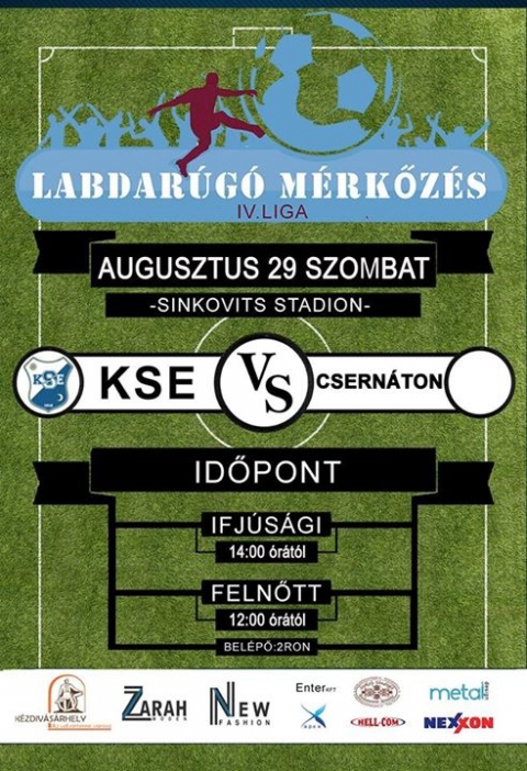  KSE �s a Csern�ton labdar�g� m�rk�z�s - Augusztus 29.-�n szombaton, labdar�g� m�rk�z�sre ker�l sor a KSE �s a Csern�ton csapatai k�zt.  Programv�ltoz�s t�rt�nt. 12 �r�t�l a feln�tt, az ifj�s�gi pedig 14 �r�t�l l�p p�ly�ra.
V�runk mindenkit szeretettel!