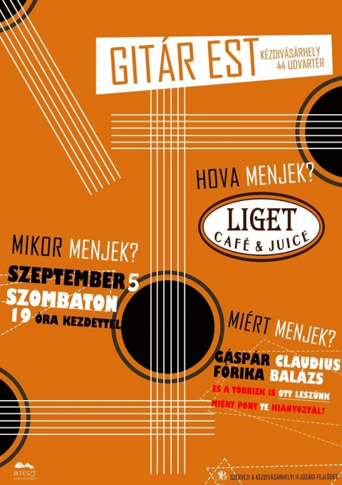 Szeptemberi Gitár est Gáspár Claudiusszal és Fórika Balázzsal - Szeptemberi Gitár est a Liget Café & Juice ban melyet a Kézdivásárhelyi Ifjúsági Fejlődés és a 18 Feszt szervező bizottság szervez meg mely 19:00 óra kezdettel veszi kezdetét.
A belépés ingyenes!
A hangulatról gondoskodnak :
Gáspár Claudius és Fórika Balázs
https://www.facebook.com/events/881423445261096/