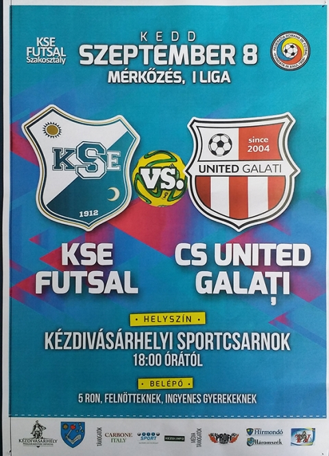 KSE Futsal - CS United Galati - Szeptember 8.-�n kedden 18 �r�t�l a KSE Futsal �s CS United Galați m�rk�z�s�re ker�l sor a k�zdiv�s�rhelyi Sportcsarnokban.

Az orsz�gos bajnoks�g jelenlegi eredm�nyei:
1. Autobergamo D�va 6 p.
2. Dun�rea C�l�rași 3 p.
3. CSMS J�szv�s�r 3 p.
4. City'us Marosv�s�rhely 3 p.
5. Informatica Temesv�r 3 p.
6. CS United Galac 3 p.
7. Spicom Sepsiszentgy�rgy 0 p
8. Futsal Klub Sz�kelyudvarhely 0 p.
9. KSE K�zdiv�s�rhely 0 p.
10. Muncitorul Resica 0 p.
11. CS Concordia Chiajna 0 p.
12. CFF Clujana Kolozsv�r 0 p.
13. AS FC Progresul Focsani 0p.

A bel�p� 5 lej feln�tteknek, gyerekeknek ingyenes.
Hajr� KSE Futsal!
