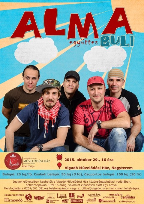 �jb�l a Vigad� M�vel�d�si H�zban a n�pszer� ALMA egy�ttes! - 2015. okt�ber 29-�n, cs�t�rt�k�n 16 �r�t�l a k�zdiv�s�rhelyi Vigad� M�vel�d�si H�z Nagyterm�ben kicsik �s nagyok vehetnek r�szt az ALMA egy�ttes koncertj�n.

Magyarorsz�g legismertebb gyerekzenekara, m�r t�bbsz�r is telth�z el�tt adta el� K�zdiv�s�rhelyen a gyermeklelket meg�rint�, a „nevet�',- �s „t�nc-izmokat' megmozgat�, n�pszer� sl�gereit.

Legsikeresebb daluknak, a Ma van a sz�linapom-nak t�bb, mint 11 milli� let�lt�se van �s a leggyakrabban megosztott hazai tartalom manaps�g a Facebookon. Olyan sikeres rajzfilmzen�ket �rtak, mint a Bogy� �s Bab�ca sorozat, f�c�mdalt k�sz�tettek a Khumba c�m� 3D-s anim�ci�s rajzfilmhez.
A zenekar m�sor�ban a saj�t dalok mellett a klasszikus �s kort�rs k�lt�k legszebb verseinek megzen�s�tett  darabjai is helyet kapnak. 

A bel�p�k �ra: 20 lej/f�, csal�di bel�p�: 50 lej (3 f�), csoportos bel�p�: 160 lej (10 f�). El�v�telben kaphat�k a Vigad� M�vel�d�si H�z k�z�ns�gszolg�lati irod�j�ban, h�tk�znapokon 8-t�l 16 �r�ig, valamint el�ad�sok el�tt egy �r�val. Helyfoglal�s a 0267/361 081-es telefonsz�mon vagy az office@vigado.ro e-mail c�men lehets�ges.  

https://www.youtube.com/watch?v=dkEfzizLCGE