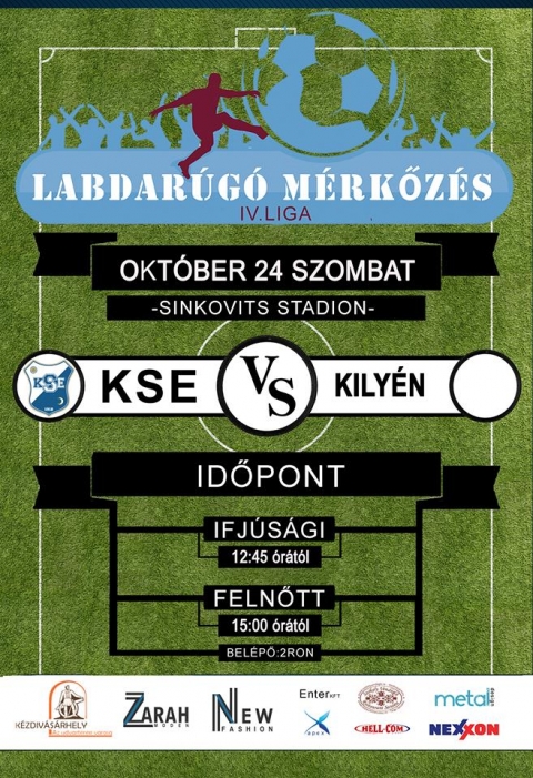 KSE - Kilyén labdarúgó mérkőzés - A 4. liga keretében október 24.-én, szombaton 12:45 órakor a a Dr. Sinkovits stadionban kezdi labdarúgó mérkőzését a KSE Kézdivásárhely ifjúsági csapata Kilyén ellen. A felnőtt csapat 15 órától lép pályára.
A belépő 2 lej.
Szeretettel várunk minden sportszeretőt! Hajrá KSE!