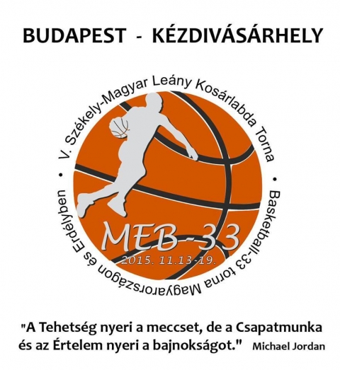 Az V-ik MEB-33 nemzetk�zi n�i 3-3 elleni kos�rlabda torna Budapesten �s K�zdiv�s�rhelyen - November 14-18 k�z�tt ker�l megrendez�sre Budapesten �s K�zdiv�s�rhelyen az V-ik MEB-33 elnevez�s� nemzetk�zi n�i 3-3 elleni kos�rlabda torna. A rendezv�ny c�lja a magyarorsz�gi �s erd�lyi fiatalok k�z�tt a sport (a kos�rlabd�z�s) n�pszer�s�t�se, egym�s megismer�se, magyarok �s magyarok k�z�tti kapcsolatok kisz�les�t�se, bar�ts�gok k�t�se.

Az eddigi MEB-33 kos�rlabda torn�kon 8-8 csapat vett r�szt. Az erd�lyi �s magyarorsz�gi gimn�ziumi csapat �sszecsap�s�b�l 2011-ben a debreceni T�th �rp�d Gimn�zium I. csapata, 2012-ben a szeksz�rdi Garay J�nos Gimn�zium csapata szerezte meg az els� helyet, 2013-ban a budapesti Toldy Ferenc Gimn�zium csapata lett az els�, 2014-ben a k�zdiv�s�rhelyi Bod P�ter Tan�t�k�pz� csapata szerezte meg az els� helyet, ez�rt most a MEB-33 V�NDORKUPA az � birtok�ban van.

A torn�kon a m�r eml�tett v�rosokon illetve csapatokok k�v�l r�szt vett a budapesti J�zsef Attila �s K�lcsey Ferenc Gimn�zium, a cegl�di Kossuth Lajos Gimn�zium, a cs�kszeredai Seg�t� M�ria Katolikus Gimn�zium, a gyergy�szentmikl�si Salamon Ern� Gimn�zium, a k�zdiv�s�rhelyi Nagy M�zes L�ceum, a nagyszalontai Arany J�nos Gimn�zium, a sz�kelyudvarhelyi Baczkamadarasi Reform�tus �s Tam�si �ron Gimn�zium csapata.

Az idei �vben �j gimn�ziumi csapattal b�v�l a r�sztvev�k k�re - a budapesti Veres P�ln� Gimn�ziummal. A Facebook-on a torn�nak saj�t oldala van, melyen a tervek �s lehet�s�gek szerint folyamatos t�j�koztat�st adnak a rendez�k a torn�r�l. A V. MEB-33 alkalm�val n�gy magyarorsz�gi �s �t erd�lyi csapat verseng a v�ndorkup��rt.

A csoport 
-------------------------
1. Garay J�nos -Szeksz�rd
2. J�zsef Attila Gimn�zium Budapest
3. Nagy M�zes Gimn�zium - K�zdiv�s�rhely
4. Toldi Ferencz Gimn�zium - Budapest
5. Baczkamadarasi Kis Gergely I -Sz�kelyudvarhely

B csoport 
-------------------------
1. Baczkamadarasi Kis Gergely II -Sz�kelyudvarhely
2. Veres P�ln� Gimn�zium 
3. Bod P�ter Tan�t�k�pz� K�zdiv�s�rhely 
4. Arany J�nos Gimn�zium Nagyszalonta