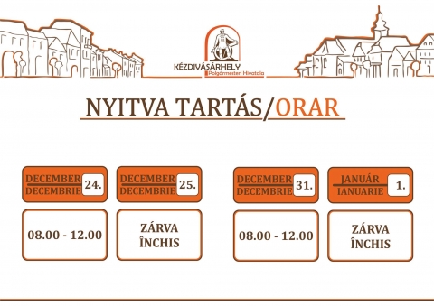A Polg�rmesteri Hivatal �nnepi nyitva tart�si programja - A Polg�rmesteri Hivatal �nnepi nyitva tart�si programja:
2015-12-24 08:00 - 12:00
2015-12-25 Z�rva
2015-12-31 08:00 - 12:00
2016-01-01 Z�rva