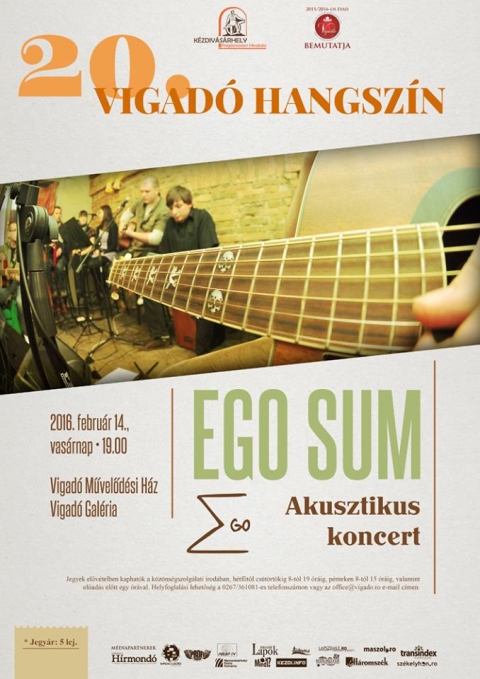 20. Vigad� Hangsz�n: Ego Sum Zenekar - Akusztikus Koncert - K�l�nleges, akusztikus koncerttel k�sz�l a helyi Ego Sum zenekar a k�zdiv�s�rhelyi Vigad� M�vel�d�si H�z Gal�ri�j�ban 2016. febru�r 14-�n, vas�rnap 19 �r�t�l.

Kar�csonykor l�thattuk legut�bb a zenekart, akkor nagysz�npadon. Ett�l elt�r�en, most csal�diasabb hangulatra sz�m�thatunk, ahol saj�t dalaikat fogj�k el�adni. 

Jegyek �ra 5 lej. El�v�telben kaphat�k a k�z�ns�gszolg�lati irod�ban, h�tf�t�l cs�t�rt�kig 8-t�l 19 �r�ig, p�nteken 8-t�l 15 �r�ig, valamint el�ad�s el�tt egy �r�val. Helyfoglal�si lehet�s�g a 0267/361081-es telefonsz�mon vagy az office@vigado.ro e-mail c�men.

https://www.youtube.com/watch?v=INGr_aQE7ek
