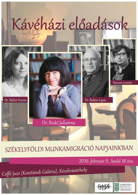 Székelyföldi munkamigráció napjainkban címmel tart előadást Dr. Bodó Julianna Kézdivásárhelyen - Székelyföldi munkamigráció napjainkban címmel tart előadást Dr. Bodó Julianna Kézdivásárhelyen
2016 február 9-én, kedden 18 órai kezdettel újra Kávéházi előadást tartunk Kézdivásárhelyen a Cafe Jazzben.
A következő előadó a Sapientia EMTE Csíkszeredai Karának egyetemi professzora Dr. Bodó Julianna lesz, akinek előadás címe Székelyföldi munkamigráció napjainkban. A kávéházi programsorozatunk lényege, hogy a felvezető előadás után kialakuljon egy beszélgetés és a résztvevők kérdéseket tehessenek fel az előadónak.
Az előadásról:
Az előadás azt vizsgálja, hogy mi jellemzi a napjainkban Székelyföldön is elterjedté vált munkamigrációt, azt a jelenséget, melynek során az emberek – hosszabb vagy rövidebb ideig – szülőföldjük távol vállalnak munkát. Nem teljesen új keletű jelenségről van szó, és nem is csak a mi vidékünkre jellemző.
Hogyan illeszkedik be a munkamigráció mai arculata a régió kulturális hagyományaiba?
Milyen okok és célok vezérlik az embereket, hogy ezt az életformát válasszák?
Milyen nemzetközi trendek befolyásolják a külföldi munkavállalást?
Az elmúlt két és fél évtizedben milyen változásokon ment át ez a jelenség?
Ilyen, és ehhez hasonló kérdésekre keressük a választ az előadás folyamán.
Az előadásra a belépés díjtalan és minden érdeklődőt szeretettel várunk!
Létrehoztunk egy Facebook eseményt is, ahol akár előzetesen fel lehet tenni a kérdéséket:
https://www.facebook.com/events/131464820570543/