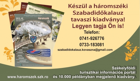 K�sz�l a 2016-os tavaszi Szabadid�kalauz - Ha szeretn� szolg�ltat�s�t tavasszal is n�pszer�s�teni, seg�t�nk �nnek! - A Szabadid�kalauz csapata id�n tavasszal t�bb mint 5 �ves tapasztalattal jelenteti meg �j, szezon�lis kiadv�ny�t, amely szok�s szerint most is kiv�teles lehet�s�get ny�jt mindazok sz�m�ra, akik szolg�ltat�saikat akarj�k n�pszer�s�teni H�romsz�ken �s Erd�ly-szerte. Ez�ttal is szeretn�nk min�l teljesebben bemutatni H�romsz�ket. Ebben �n is a seg�ts�g�nkre lehet.

Sz�kelyf�ldi vend�gl�t�k �s szolg�ltat�k jelentkez�s�t v�rjuk az �szi Szabadid�kalauzba!

Ha szeretn� szolg�ltat�s�t egy n�gy nyelv� (magyar, angol, n�met, rom�n) 10.000 p�ld�nysz�mos kiadv�nyban n�pszer�s�teni, akkor v�lassza a Szabadid�kalauzt!

Kiadv�nyunk Sz�ll�s, Szabadid�, Hasznos �s L�tnival� rovatokban valamint egy Esem�nynapt�rban mutatja be H�romsz�ket. A sz�ll�shelyek, a k�l�nb�z� rendezv�nyek, sz�rakoz�helyek �tmutat�ja. 

Kiadv�nyunkat ingyenesen terjesztj�k, nemcsak Erd�ly-szerte, hanem Magyarorsz�gon is.

K�zdiv�s�rhelyen a Szabadidõkalauz megtal�lhat� a k�vetkezõ helyeken: Polg�rmesteri Hivatal, Vigad� M�vel�d�si H�z, Incze L�szl� C�ht�rt�neti M�zeum, Gy�jtem�nyek h�za, Jazz Cafe, Sz�kely Vend�gl�, Mozi, Daragus iroda �s panzi�k, Z�ld Nap Egyes�let.
Zabola: Mikes kast�ly
Csern�ton: Haszmann P�l M�zeum
Maksa: Benke k�ria,
tov�bb� H�romsz�k t�bbi r�szein.

Partnereinket a kiadv�nyban �s a honlapon (www.haromszek.szk.ro) is rekl�mozzuk (napi 400-500 l�togat�). A honlapunkon a H�rek, Aktu�lis valamint az Esem�nynapt�r men�pontok alatt ingyenesen lehet hirdetni.

A tavaszi kiadv�nyunk m�rcius elej�n fog megjelenni (m�rcius, �prilis �s m�jus h�napokra vonatkozik majd).
Febru�r 22-�n lesz a lapz�rt�nk, addig v�rjuk a jelentkez�s�ket.

A kiadv�nyunk ingyenes, partnereink is osztogathatj�k saj�t klienseik k�z�tt. 

�rdekl�dni lehet a r�szletekr�l a Szabadid�kalauz szerkeszt�in�l telefonon (0741-926776, 0733-183081) vagy a szabadidokalauz.kovaszna@gmail.com dr�tpostac�men.

http://haromszek.szk.ro/hu/aktualis/febr5keszulatavasziSzabadidokalauz