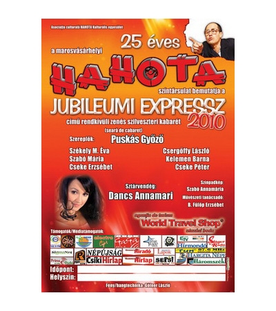 A Hahota Színtársulat és Dancs Annamari kabaré - Február 5-én, pénteken 17 és 20 órától a Vigadóban vendégszerepel a marosvásárhelyi Hahota Színtársulat akikhez most Dancs Annamari is csatlakozott!Az énekesnő nemcsak operettrészleteket énekel, de olyan slágereket is, amelyekkel külföldön elismerést szerzett. Csíkszereda után Marosvásárhelyen, majd újabb székelyföldi városokban lép fel a 25 éves évfordulóját ünneplő Hahota Színtársulat, újra láthatjuk Puskás Győzőt, Székely M. Évát, Szabó Máriát, Csergőffy Lászlót, Kelemen Barnát, Cseke Pétert és Cseke Erzsébetet. A szilveszteri kabarét játszó csapat, amelyet 1985 nyarán alapított Puskás Győző, nem győz eleget tenni a meghívásoknak, februárig betáblázott naptárral játszik. Dancs Annamari 'hahotázása' a csapat alapítótagjának, Puskás Győzőnek volt az ötlete, de az énekesnőt sem kellett sokat biztatni, hiszen már négy évvel ezelőtt 'felfedezte magának' a Hahotát, és meg is szerette rögtön őket. 'Győzővel, négy évvel ezelőtt találkoztam. Akkor Sepsiszentgyörgyön játszottak, a szünetben bementem gratulálni és bemutatkozni. Hallomásból már ismertük egymást, hiszen művészberkekben ez már csak így működik' – mesélt a kezdetekről Annamari, aki imádja Puskás Győző humorát. 'Egy olyan személy, aki csak kiáll színpadra, s már lehet rajta nevetni. Azt szoktam mondani, hogy ő az erdélyi Jim Carrey' – teszi hozzá nevetve.http://hahota.com/site2009/