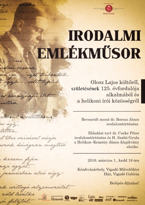 Irodalmi eml�km�sor Olosz Lajos k�lt�r�l, sz�let�s�nek 125. �vfordul�ja alkalm�b�l �s a helikoni �r�i k�z�ss�gr�l - Irodalmi eml�km�sor Olosz Lajos k�lt�r�l, sz�let�s�nek 125. �vfordul�ja alkalm�b�l �s a helikoni �r�i k�z�ss�gr�l

A k�zdiv�s�rhelyi Vigad� M�vel�d�si H�z �s a marosv�s�rhelyi Helikon-Kem�ny J�nos Alap�tv�ny Irodalmi eml�km�sort szervez Olosz Lajos k�lt�r�l, sz�let�s�nek 125. �vfordul�ja alkalm�b�l �s a helikoni �r�i k�z�ss�gr�l a Vigad� Gal�ri�ban m�rcius 1-�n, kedden 18 �r�t�l.
 
A m�sor keret�ben bevezet�t mond dr. Borcsa J�nos irodalomt�rt�n�sz (K�zdiv�s�rhely), el�ad�st tart dr. Cseke P�ter irodalomt�rt�n�sz A kisjen�i csonkafeny� - Olosz Lajos  p�lyak�pe c�mmel (Kolozsv�r, Babe�–Bolyai Tudom�nyegyetem) �s H. Szab� Gyula, a Helikon–Kem�ny J�nos Alap�tv�ny eln�ke Olosz Lajos �s a helikoni �r�i k�z�ss�g c�mmel (Marosv�s�rhely).
 
Verset mondanak Bagoly Anabella �s Szab� Hedda a Vigad� M�vel�d�si H�zhoz tartoz� Macskak� Sz�nj�tsz� Csoport tagjai.
 
Az esem�nyre a bel�p�s d�jtalan!