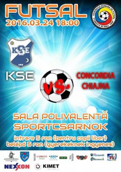 KSE Futsal - Concordia Chiajna - 2016. m�rcius 24-�n, cs�t�rt�k�n d�lut�n 18 �r�t�l a KSE Futsal a Concordia Chiajna csapattal m�rk�zik meg a k�zdiv�s�rhelyi Sportcsarnokban. 
Az orsz�gos bajnoks�g jelenlegi eredm�nyei: 

1. Autobergamo D�va 51p
2. Informatica Temesv�r 51p
3. City’US Marosv�s�rhely 50p
4. CS United Galac 40p
5. Spicom Sepsiszentgy�rgy 35p
6. Dunarea Calarasi 30p
7. CSMS J�szv�s�r 28p
8. Futsal Klub Sz�kelyudvarhely 28p
9. Muncitorul Resica 27p
10. KSE K�zdiv�s�rhely 27p
11. CFF Clujana Kolozsv�r 10p
12. CS Concordia Chiajna 7p
13. Galactic Focsani 3p

A bel�p� feln�tteknek 5 lej, gyerekeknek ingyenes.
#hajrakezdi!
Hajr� KSE Futsal!