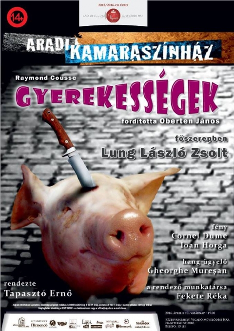 Gyerekess�gek  - �prilis 10.-�n vas�rnap 19 �r�t�l a Vigad� St�di� �s az Aradi Kamarasz�nh�z bemutatja a Raymond Cousse Gyerekess�gek c�m� el�ad�s�ta Vigad� M�vel�d�si H�z Nagytermi st�di�j�ban.

J�tssza: Lung L�szl� Zsolt
D�szlet-jelmez: Fekete R�ka-Tapaszt� Ern�
�gyel�: Gheorghe Mure�an
F�ny: Cornel Dume
Hang: Gheorghe Mure�an
A rendez� munkat�rsa: Fekete R�ka
Rendez�: Tapaszt� Ern�

A Gyerekess�gek c�m� kom�dia nem „gyerekj�t�k”, nem gyermeki j�pof�skod�sok l�ncolata, csak a feln�tt tekinti pejorat�v hangs�llyal annak.

Az �rz�keny gyermeki l�lek, �rtatlan tiszta tekintet�vel t�rulkozik fel el�tt�nk, �rzelmei tiszt�k, tiszta a viszonya a vil�ghoz, a vil�g borzalmainak �rthetetlens�g�hez. A gyermek m�r nem gyermek, de m�g nem is feln�tt, prepubert�s korban van, a vil�g meg�rt�s�nek senkif�ldj�n bolyong. Metafizikai szorong�ssal tekint a testi titkok, a l�lek halhatatlans�ga fel�. Id�ben, t�rben, b�rhol, b�rmikor megt�rt�nhet a j�t�k.
Kezdet �s v�g k�z�tt a gyermeki l�lek m�ly�re hatolni, ebb�l csak hars�ny kacag�ssal, borzalmat el�z� nevet�ssel, illetve zokog�ssal lehet menek�lni. Vagy ha nincs m�s ki�t, meg kell osztani a n�z�vel. Ak�rcsak az art�zi k�t eset�ben: min�l m�lyebbre �sunk, ann�l magasabbra sz�kken az �r.
Feln�tt sz�n�sz alak�tja a gyermeket, illetve azokat a feln�tteket, akik k�r�lveszik: abszurd, groteszk m�don megjelen�tve �ket, egy „t�bbszerepl�s” j�t�kk� var�zsolva a sz�npadot.
Raymond Cousse, �r�, rendez�, sz�n�sz, akit a „francia Latinovits- nak” is nevehetn�nk, �nmag�nak �rta darabjait, �nmag�nak, �nmag�r�l, egy�ni vil�g�rz�st megvil�g�tva, egyetemes �rv�nyess�ggel. A Gyerekess�gek c�m� darabj�t, mint „kult-eszm�t”, a vil�g minden t�j�n j�tssz�k ma is.
A mindenkori gyermek kis harcos : kardja a szeretet, pajzsa a humor, �lettere a szabads�g.

Jegyek �ra 10 lej. El�v�telben kaphat�k a k�z�ns�gszolg�lati irod�ban, h�tf�t�l cs�t�rt�kig 8-t�l 19 �r�ig, p�nteken 8-t�l 15 �r�ig, valamint el�ad�s el�tt egy �r�val. Helyfoglal�si lehet�s�g a 0267/361081-es telefonsz�mon vagy az office@vigado.ro e-mail c�men