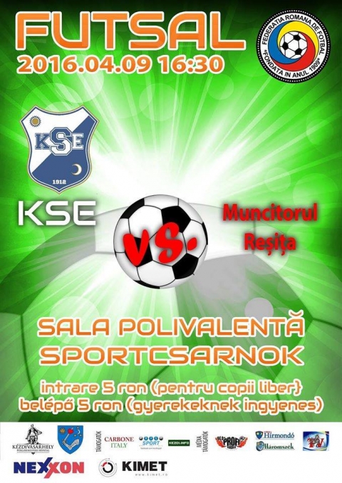 KSE Futsal -  Muncitorul Resica - 2016. �prilis 9-�n, szombaton d�lut�n 16:30-t�l a KSE Futsal a Muncitorul Resica csapattal m�rk�zik meg a k�zdiv�s�rhelyi Sportcsarnokban. 
Az orsz�gos bajnoks�g jelenlegi eredm�nyei: 

1.  Informatica Temesv�r 57p
2.  City’US Marosv�s�rhely 56p
3. Autobergamo D�va 54p 
4. CS United Galac 46p
5. Spicom Sepsiszentgy�rgy 35p
6. Dunarea Calarasi 33p
7. CSMS J�szv�s�r 31p
8.  KSE K�zdiv�s�rhely 30p
9. Futsal Klub Sz�kelyudvarhely 28p
10. Muncitorul Resica 27p
11. CFF Clujana Kolozsv�r 13p
12. CS Concordia Chiajna 7p
13. Galactic Focsani 3p

A bel�p� feln�tteknek 5 lej, gyerekeknek ingyenes.
#hajrakezdi!
Hajr� KSE Futsal!