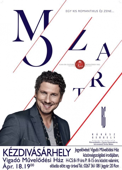 R�k�sz Gergely: Egy kis romantikus �ji zene, Mozart zen�j�vel - A tavalyi sikeres Bach koncertsorozat ut�n ism�t K�zdiv�s�rhelyre �rkezik Magyarorsz�gr�l R�k�sz Gergely koncertorgonista, aki ez�ttal Mozart zen�j�t hozza el nek�nk 2016. �prilis 18-�n, h�tf�n 18 �r�t�l a Vigad� M�vel�d�si H�z nagyterm�be. 

„Am�g sz�momra Bach az Univerzum rendje, addig Mozart Isten mosolya.
Nem fens�bbs�ges, leereszked�, hanem az �let rendj�t ismer� a szem sark�b�l indul� der�s mosoly, ahogy eln�zi, amint mi emberek idelenn kap�l�zunk.” – �gy �r R�k�sz Gergely 2016-os Mozart hangversenyeir�l

R�k�sz Gergely kultur�lis nagyk�vet, sz�l�v�rosa Gy�r, Templomos Lovag, �s a koncertjein �gy mes�l a klasszikusokr�l, hogy a r�sztvev�k �gy �rzik zenei id�utaz�son vannak.
A darabok k�z�tt elhangz� – a m�v�sz v�djegy�v� v�lt – zenet�rt�neti komment�rok tapinthat�v� teszik a m�vek keletkez�s�nek atmoszf�r�j�t, �gy nem csak a muzsik�t �lvezhetj�k, de az adott korszakb�l, Amadeus �let�b�l is pillanatk�pet kapunk. Ide�lis esem�ny azoknak, akik szeretik minden nap valami �jdons�ggal b�v�teni ismereteiket, mik�zben az este egy lelki akkumul�tort�lt�, amely ut�n minden bizonnyal napokig kiegyens�lyozottan mosolyogni fog.

A programban Mozart mellett a romantika nagy alakjai k�z�l Liszt Ferenc, Cesar Franck �s Beethoven m�vei szerepelnek m�g.

R�k�sz Gergely 15 �vesen, az orsz�g legfiatalabb koncertorgonist�jak�nt adta els� hangverseny�t. 2005-ig az Egyes�lt �llamokban tanult �s koncertezett, 2016-ig t�bb mint 1000 fell�p�se volt Eur�pa �s Amerika nagyv�rosaiban. Egyedi l�t�sm�dja fiatalos lend�lettel t�lti meg a komolyzen�t. L�tv�nykoncertjeivel �j m�fajt teremtett, melyben k�pz�m�v�szet, t�nc, �s sz�n�szi j�t�k seg�ts�g�vel t�zezrekhez k�zel�tette a m�fajt �s a hangszert. „Egy Koncert K�kben” c�m� m�sor�t k�zel 30 000-en n�zt�k meg szerte Eur�p�ban. „Bachalley” projektj�ben, a vil�gon el�sz�r a m�v�szi paletta k�t tal�n legt�volabbi v�g�t kapcsolta �ssze, Bach f�g�it �s a Street Dance-t. 
Hangversenyein nem csak var�zslatos j�t�k�val, de a zenet�rt�net izgalmas �s sz�nes mes�ivel is rabul ejti k�z�ns�g�t. H�t sz�l�albuma jelent meg. 

Web: www.rakaszgergely.hu
Facebook: www.facebook.com/rakaszgergely

Jegyek �ra 20 lej. El�v�telben kaphat�k a k�z�ns�gszolg�lati irod�ban, h�tf�t�l cs�t�rt�kig 8-t�l 19 �r�ig, p�nteken 8-t�l 15 �r�ig, valamint el�ad�s el�tt egy �r�val. Helyfoglal�si lehet�s�g a 0267/361081-es telefonsz�mon vagy az office@vigado.ro e-mail c�men.