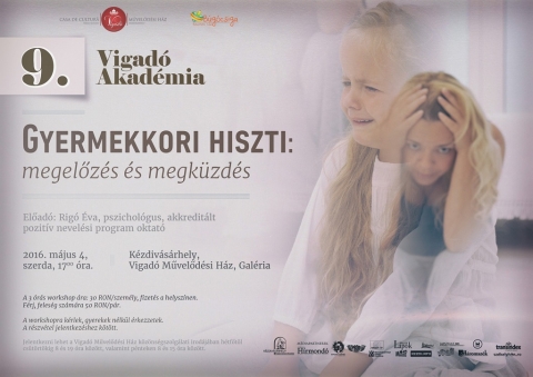 9. Vigad� Akad�mia - Gyermekkori hiszti: megel�z�s �s megk�zd�s - Minden sz�l�t �rint� �s foglalkoztat� t�m�val �rkezik a 9. Vigad� Akad�mia el�ad�ja, Rig� �va pszichol�gus, akkredit�lt pozit�v nevel�si programoktat� a k�zdiv�s�rhelyi Vigad� M�vel�d�si H�z Gal�ri�j�ba 2016. m�jus 4-�n, szerd�n 17 �r�t�l. A workshop t�m�ja Gyermekkori hiszti: megel�z�s �s megk�zd�s.
 
Pozit�v nevel�si strat�gi�kat lehet tanulni olyan helyzetekre, amikor a gyerekek nem k�vetik az instrukci�kat �s ebb�l ad�d�an fesz�lts�g alakul ki a sz�l� �s a gyerekek k�z�tt. A csoportos foglalkoz�son m�s sz�l�kkel val� tal�lkoz�sra is sor ker�l, ahol megosztj�k a nevel�ssel kapcsolatos tapasztalataikat �s m�r kipr�b�lt �s hat�kony strat�gi�kat lehet ellesni a sz�fogadatlan helyzetek kezel�s�re.
 
A workshop v�g�re egy szem�lyre szabott terv less a r�sztvev�k sz�m�ra, arra vonatkoz�an, hogy mik�nt k�zdj�n meg olyan helyzetekkel, amikor a gyerek nem hallgat r�.
 
A 3 �r�s workshop �ra: 30 RON/szem�ly, f�rj, feles�g sz�m�ra 50 RON/p�r, fizet�s a helysz�nen. A r�szv�tel jelentkez�shez k�t�tt. Jelentkezni lehet a Vigad� M�vel�d�si H�z k�z�ns�gszolg�lati irod�j�ban vagy a k�vetkez� hivatkoz�sra kattintva: 
http://www.rigoeva.ro/p/jelentkezes-gyerekkori-hiszti_13.html

B�vebb inform�ci�k: http://www.rigoeva.ro/p/workshop-kezdivasarhelyen-gyermekkori.html