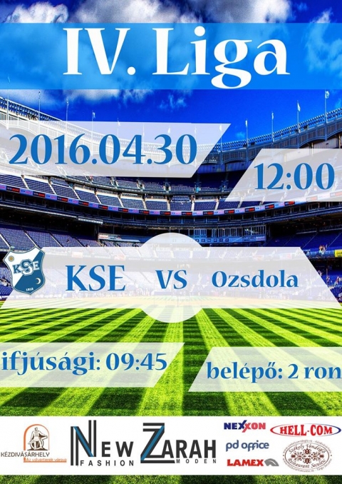 KSE - Ozsdola labdar�g� m�rk�z�s - �prislis 30-�n, p�nteken �jra p�ly�ra l�p a KSE hazai p�ly�n. Csapatunk Ozsdola csapat�val j�tszik 12 �r�t�l, az ifjak 09:45-t�l kezdenek.

Tal�lkozunk a Sinkovits stadionban, addig is #hajr�kse.

IV. Liga 2016-04
======================================
1. Gelence Nemere 61p
2. Bereck 52p
3. Papolc 47p
4. KSE K�zdiv�s�rhely 43p
5. Csernaton 42p     +9
6. Kily�n Olt 37p
7. Bard�c Prima 37p
8. Uzon Venus 36p
9. Nagyajta Hargita 31p
10. Ozsdola 20p
11. Ilyefalva Avantul 18p
12. Szentl�lek Perk� 18p
13. Szitabodza Progresul 13p
14. B�l�n 12p
15. Bar�t 10p