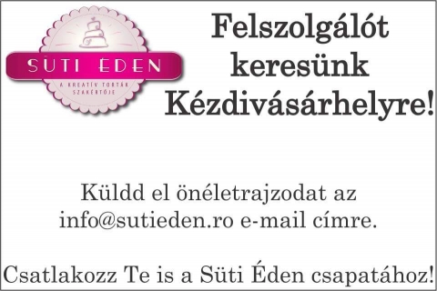 Felszolg�l� kerestetik a S�ti �den csapat�hoz  - Felszolg�l� kerestetik a S�ti �den csapat�hoz K�zdiv�s�rhelyen.

Az �letrajzot az info@sutieden.ro e-mail c�mre lehet bek�ldeni.