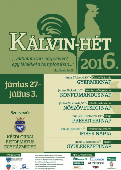 K�lvin h�t - Egy l�lekkel a templomban - 2016. j�nius 27 – j�lius 3. Program - K�lvin h�t - Egy l�lekkel a templomban - 2016. j�nius 27 – j�lius 3. Program

„�llhatatosan, egy sz�vvel, egy l�lekkel a templomban…” mott�val j�nius 27-t�l kezd�d�en ebben az �vben is megszervez�sre ker�l a K�zdi-Orbai Reform�tus Egyh�zmegy�ben a K�lvin h�t. H�tf�n K�zdiv�s�rhely nyitja a rendezv�nyek sor�t a 10 �r�t�l kezd�d� gyereknappal. Kedden j�nius 28-�n a Kov�szna Vajnafalvi gy�lekezet a Konfirmandus napra v�rja a konfirm�ci�i el�k�sz�t�kre j�r� gyerekeket. A csoportos megbesz�l�seken az �sszetartoz�sr�l a k�z�ss�gr�l �rtekeznek a konfirm�ci�ra k�sz�l� jel�ltek. K�zdim�rkosfalv�n j�nius 29-�n N�sz�vets�gi nappal folytat�dnak az esem�nyek, ahol K�szonin� Fej�s Gabriella lelkip�sztorn� hirdeti az ig�t, majd Somfalvi Edit  teol�giai tan�rn� Reform�tus �rt�krend�nk c�mmel tart el�ad�st.

A Torjai Presbiteri napon, j�nius 30-�n Papp Zsolt lelkip�sztor igehirdet�se ut�n, ,,Az Istenf�l� presbiter” c�mmel tart el�ad�st L�rincz Istv�n, Marosv�s�rhely Als�v�rosi lelkip�sztor. Ezt k�vet�en az el�ad� �ltal �rt „Barangol�sok Bibliai t�jakon” k�nyv bemutat�j�ra ker�l sor. J�lius 1-�n Sz�kelytam�sfalv�n tal�lkoznak az ifjak, ahol Dezs� L�szl� Levente igei szolg�lata ut�n, Vitus-Bulbuk Istv�n ajtonyi lelk�sz „Kint vagy bent: Ez itt a k�rd�s!” c�mmel tart el�ad�st.

Az els� �t nap programja naponta 10 �r�t�l kezd�dik �s eb�ddel z�rul. Ezekre az alkalmakra �s a szombati gy�lekezeti napra a K�zdi-Orbai Egyh�zmegy�hez tartoz� Lelkip�sztor Hivatalokba kell bejelentkezni.
A K�lvin h�t legnagyobb t�megeket vonz� esem�ny�re, a Gy�lekezeti napra ebben az �vben Z�gonban ker�l sor j�lius 2-�n. Ezen a napon a magyarorsz�gi testv�regyh�zmegye esperese Besztercei Andr�s lelkip�sztor hirdeti Isten ig�j�t - az eddigi tapasztalatok szerint - a k�zel ezer embernek. A szombati programba gyerek istentisztelet, k�rustal�lkoz�, szak�csm�v�szeti szemle, minifoci bajnoks�g, gyerekprogram, z�ldprogram, kereszty�n zene, koncert, �s t�nch�z is szerepel. Az ikafalvi s�torban a Bonus Pastor Alap�tv�ny munkat�rsai tartanak el�ad�st: Gy�gyul�s szenved�lybetegs�gekb�l c�mmel.

A sz�nes �s gazdag programk�n�lattal rem�lj�k, hogy min�l t�bb embert siker�l elcsalogatni egy vagy t�bb esem�nyre, hogy templomainkban �llhatatosan, egy sz�vvel, egy l�lekkel im�dkozzunk �s adjunk h�l�t a mi teremt� Isten�knek. 

Bard�cz Csaba lelkip�sztor


2016. j�nius 27 – j�lius 3. Program

1. 2016. j�nius. 27 – H�tf� - Gyermeknap – K�zdiv�s�rhely
09:30 - 10:00 �rkez�s - Regisztr�ci�
10:00 - 10:25 �h�tat - K�sz�nt�sek
10:30 - 13:50 Csoportos munk�k (el�ad�s megtekint�se, foglalkoz�sok)
14:00 - 15:00 Eb�d (a gyerekek hozzanak magukkal ev�eszk�zt: t�ny�r, villa, kan�l)
15:00 Hazautaz�s
R�szv�teli d�j: 1 lej, l�tsz�mkorl�toz�s nincs

2. 2016. j�nius. 28 – Kedd - Konfirmandus nap – Kov�szna - Vajnafalva
T�ma: (A gyülekezet) – K�z�ss�g, �sszetartoz�s
Bir. 7. alapj�n
10:00 - 10:30 �h�tat: Nagy Istv�n Zolt�n
10:30 - 11:00 A program ismertet�se, �nekl�s, ismerked� j�t�k �s csoportbeoszt�s
11:00 - 12:00 A t�ma megbesz�l�se - csoportokban
12:00 - 12:20 Szünet
12:20 - 13:00 Plen�ris megbesz�l�s, csoporttev�kenys�gek ki�rt�kel�se
13:00 - 14:00 J�t�kok
14:00 Eb�d
Ut�na hazautaz�s

3. 2016. j�nius. 29. – Szerda - N�sz�vets�g nap – K�zdim�rkosfalva
10:30 - 11:00 Bejelentkez�s
11:00 - 11:45 Ig�t hirdet K�szonin� Fej�s Gabriella lelkip�sztorn�
11:45 - 12:00 K�sz�nt�sek (Balogh Zolt�n esperes, Papp Zsolt helyi lp.)
12:00 - 13:00 El�ad�st tart Somfalvi Edit - Reform�tus �rt�krendünk c�mmel I.r�sz
13:00 - 13:30 Szünet (receptcsere)
13:30 - 14:30 El�ad�st tart Somfalvi Edit - Reform�tus �rt�krendünk c�mmel II.r�sz
14:30 - 14:45 Hirdet�sek, �ld�s
15:00 - Eb�d

4. 2016. j�nius 30. – Csüt�rt�k - Presbiteri nap - Torja
10:00 �r�ig �rkez�s a reform�tus templomhoz
10:00 Istentisztelet. Ig�t hirdet Papp C. Zsolt k�zdim�rkosfalvi lp.
11:30 A konferencia hivatalos megnyit�sa
11:35 - 'Az Istenf�l� presbiter' - t�m�val tart el�ad�st L�rincz Istv�n, Marosv�s�rhely III. - Als�v�rosi reform�tus lelkip�sztor
12:30 K�v�szünet (a gyülekezeti teremben)
13:00 - 13:30 Az el�ad�s megbesz�l�se
13:30 - 14:00 K�nyvbemutat� – Barangol�sok Bibliai t�jakon. Szerz�: L�rincz Istv�n lp. Megv�s�rolhat� a bemutat�sra kerül� k�nyv. �ra: 15 lej.
14:00 A konferencia bez�r�sa.
14:10 Eb�d (a gyülekezeti teremben).

5. 2016. j�lius 1. – P�ntek – Ifisek napja – Sz�kelytam�sfalva
10:00 – 10:20 �rkez�s, regisztr�ci�, csoportbeoszt�s
10:20 – 10:40 Megnyit�: Nt. Balogh Zolt�n esperes, Program ismertet�se
10:40 – 11:00 �nekes r�hangol�d�s az ig�re
11:00 – 11:30 Ifj�s�gi istentisztelet: Dezs� L�szl� Levente egerpataki lelkip�sztor.
11:30 – 12:00 A III. V�lts ir�nyt! IKE Fesztiv�l 2016 - Nagyk�vet program
12:00 – 12:20 Szünet
12:20 – 13:00 El�ad�s: 'Kint vagy bent: Ez itt a k�rd�s!'
Nt. Vitus-Bulbuk Istv�n ajtonyi (tordai eme.) lp.
13:00 – 14:00 Csoportbesz�lget�s - Csapatmunka, titkos küldet�sek
14:00 – 15:00 Eb�d
15:00 – 15:40 Csapatmunka ki�rt�kel�se, j�t�kok
15:40 – 16:00 Z�r� �h�tat a zene hull�mhossz�n

6. 2016. j�lius 2. – Szombat – Gyülekezeti nap - Z�gon
08:30-ig S�trak felvon�sa
09:00 gyülekez�s a focip�ly�n
A bar�tosi 'Ferencz Ern�'' f�v�szenekar �s a Z�goni Ifj�s�gi f�v�szenekarok toborz�ja
10:00 Megnyit�, z�szl�felvon�s
Istentisztelet, ig�t hirdet Nt. Besztercei Andr�s esperes (Magyarorsz�g)
�rvacsora
Gyerek istentisztelet
�nnepi k�sz�nt�sek
12:00 K�rustal�lkoz� a templomban
12:30 Szak�csm�v�szeti szemle
Minifoci bajnoks�g az ifjak sz�m�ra
Gyerekprogram, Z�ldprogram
Gy�gyul�s szenved�lybetegs�gekb�l (az ikafalvi s�torban)
14:00 Eb�d
15:00 Kereszty�n zene, koncert, t�nch�z
17:00 �nneps�g bez�r�sa, z�szl�levon�s