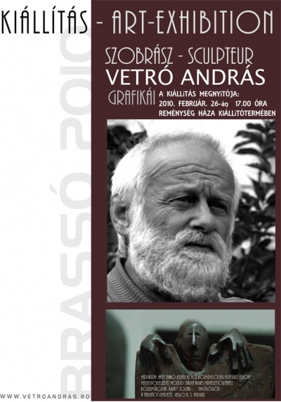 Vetr� Andr�s szobr�sz grafik�i Brass�ban - 2010. febru�r 26-�n&nbsp; d�lut�n 5 �rakor ny�lik meg a brass�i Rem�nys�g h�za ki�ll�t�term�ben Vetr� Andr�s k�zdiv�s�rhelyi szobr�szműv�sz egy�ni ki�ll�t�sa. H�zigazda H�zy Bak� Eszter az ACSJKE eln�ke, a munk�kat m�ltatja B�lint �gnes műv�szett�rt�n�sz, a t�rlatot rendezte Vetr� B S Andr�s, k�zreműk�dik Kir�ly Zolt�n nagybőgőn.A 45 darab feher fekete grafik�t m�rcius 12-ig tekinthetik meg az �rdeklődők naponta 10-14 �ra k�z�tt. Vetr� Andr�s1948. okt�ber 14-�n sz�letett Temesv�ron. 1973-ban v�gzett a Kolozsv�ri Sz�pműv�szeti Int�zet szobr�szati szak�n. Tan�rai: L�with Egon szobr�szműv�sz, Bretter Gy�rgy filoz�fus, F�ldes L�szl� eszt�ta �s �desapja, Vetr� Art�r. 1973-ban K�zdiv�s�rhelyre k�rte kinevez�s�t, ahol mint�z�st, rajzot �s m�v�szett�rt�netet tan�tott a helyb�li Nagy M�zes Gimn�ziumban. 1973 �ta r�szt vesz egy�ni �s csoportos ki�ll�t�sokon, hazai �s k�lf�ldi alkot�t�borokban. Szabadt�ri munk�i t�bb hazai �s k�lf�ldi v�rosban megtal�lhat�ak. A Nagy M�zes K�zm�vel�d�si Egyes�let Hagyom�ny�rz� T�rsas�g�nak keret�ben m�k�d� 15. Sz�kely Hat�r�r Gyalogezred I. Z�szl�alja I. Sz�zad�nak parancsnoka. a K�pzőműv�szet Sz�vets�g Sepsiszentgy�rgyi fi�kj�nak tagja.- az �jraalakult 'Barab�s Mikl�s C�h' tagja- 20 - egy�ni ki�ll�t�sa - 34 - szabadt�ri szobor - 50 - a belterekben elhelyezett szobrok sz�ma - t�borok: �rkos, Sz�rhegy, Tokaj, Fortyog� Incitat�'Vetr� Andr�s ihletforr�sa az ember, teh�t �gy műv�szi cred�ja sem lehet m�s, mint antropomorfiz�lni, humaniz�lni a kez�be vett anyagot, emberi tartalmat, jelent�st k�lcs�n�zni, adni neki, s �gy form�lni meg, hogy a t�rben t�remkedjen, redőibe gyűjtve a f�nyt, meglelje ar�nyait �s kialakuljon, �rv�nyre jusson a kompoz�ci� k�lső, belső fegyelme.'Sipos Andr�swww.vetroandras.ro