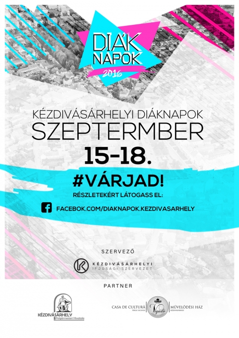 Megmozgatja a v�rost a K�zdiv�s�rhelyi Di�knapok - Sz�nes programmal v�rja a v�ros k�z�piskol�sait a K�zdiv�s�rhelyi Di�knapok idei kiad�sa, amely szeptember 15-18. k�z�tt zajlik. A kult�ra, sport �s �gyess�gi feladatok jegy�ben megszervezett rendezv�ny c�lja, hogy alternat�v sz�rakoz�si lehetős�get ny�jtson a 9-12. oszt�lyos di�koknak.
A K�zdiv�s�rhelyi Di�knapok az �v legnagyobb di�krendezv�nye, ahol t�bb mint 200 fiatal sz�rakozik egy�tt 4 napon kereszt�l, csapatban egym�ssal dolgozva oldanak meg feladatokat �s versenyeznek a t�bbi csapattal. A rendezv�ny akt�v kikapcsol�d�si m�dot k�n�l a fiataloknak, amelynek keret�ben megismerhetik egym�st �s megtanulhatnak egy�tt dolgozni k�z�s c�lok el�r�se �rdek�ben. A r�sztvevők kultur�lis, �gyess�gi �s sport feladatokban m�rhetik �ssze r�termetts�g�ket.

A Di�knapokra val� regisztr�ci� m�r jav�ban zajlik, a 10-12 fős, fi�kat �s l�nyokat egyar�nt mag�ba foglal� csapatok jelentkez�s�t szeptember 13-�n, 23:59-ig v�rj�k. A jelentkez�si űrlap el�rhető a K�zdiv�s�rhelyi Di�knapok Facebook oldal�n www.facebook.com/diaknapok.kezdivasarhely

A rendezv�ny főszervezője a K�zdiv�s�rhelyi Ifj�s�gi Szervezet, partnerei a Vigad� Művelőd�si H�z, valamit K�zdiv�s�rhely Polg�rmesteri Hivatala.

Sz�llősi Tam�s
0040748203930
office.szollosit@gmail.com