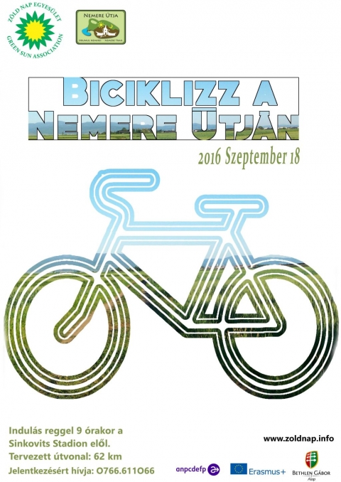 Biciklizz vel�nk a Nemere �tj�n - 2016. szeptember 18-�n (vas�rnap) a k�zdiv�s�rhelyi Z�ld Nap Egyes�let biciklit�r�t szervez a c�hes v�rosb�l a Nemere �tj�n. A megmozdul�s alkalm�val az al�bbi telep�l�seket �rintik: K�zdiv�s�rhely - Szentkatolna - Gelence - Haraly - Zabola - Sz�kelypetőfalva - Sz�rcse - M�rkosfalva - Martonfalva - Hatolyka - Szentkatolna.

Tal�lkoz� reggel 9 �rakor a Sinkovits stadiont�l indul, hazat�r�s a d�lut�ni �r�kban. A t�raker�kp�roz�s remek kikapcsol�d�st, sportol�si lehetős�get, valamint testi �s lelki felt�ltőd�st biztos�t a r�sztvevők sz�m�ra. A t�ra folyam�n t�bb telep�l�sen Nemere �tja inform�ci�s t�bl�kat fogunk lefesteni a k�zdiv�s�rhelyi Rotary Klub partners�g�vel ugyanakkor sor fog ker�lni a kultur�lis - term�szeti l�tv�nyoss�gok megtekint�s�re is.

Sz�ks�ges felszerel�s: az időj�r�snak megfelelő �lt�zet, �lelem �s p�nz ig�ny szerint, �s term�szetesen a j� �llapotban l�vő ker�kp�r. Minden �rdeklődőt szeretettel v�rnak, a 14 �ven aluli gyermekek csak �r�sos sz�lői enged�llyel j�hetnek a 65 km hossz� bring�z�sra. (ezzel kapcsolatos formanyomtatv�ny a szervezőktől ig�nyelhető). �rdeklődni, jelentkezni R�duly Attil�n�l (0766. 611066) lehet. A t�r�n a r�szv�tel ingyenes.

T�mogat�: Erasmusz plusz program �s a Bethlen G�bor Alap

M�diat�mogat�k: Profi R�di�, Transindex, Sz�k-helyek, Kezdi.info, Sz�kely Hirmond�, Polyp Tv, H�romsz�k