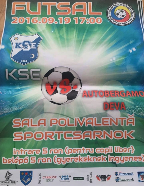 K.S.E Futsal - Autobergamo Deva futsal m�rkőz�s - A Futsal bajnoks�g I. Liga III. fordul�j�ban 2016. szeptember 19-�n, h�tfő d�lut�n 17 �r�t�l a KSE Futsal az Autobergamo Deva csapattal m�rkőzik meg a k�zdiv�s�rhelyi Sportcsarnokban. 

A bel�p� feln�tteknek 5 lej, gyerekeknek ingyenes.
#hajrakezdi!
Hajr� KSE Futsal!

1. Autobergamo D�va 6p
2. Dunarea Calarasi 6p
3. CS United Galac 6p
4. CSMS J�szv�s�r 4p
5. Spicom Sepsiszentgy�rgy 3p
6. City�US Marosv�s�rhely 3p
7. Muncitorul Resica 3p
8. Futsal Klub Sz�kelyudvarhely 0p
9. Informatica Temesv�r 0p
10. KSE K�zdiv�s�rhely 0p
11. CFF Clujana Kolozsv�r 0p
