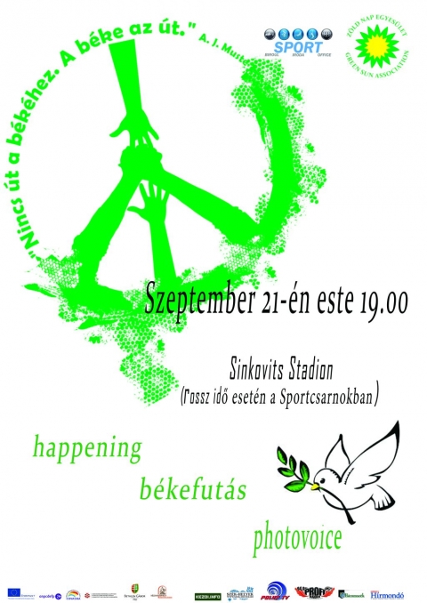 B�ke Nap flashmobbal �s b�kefut�ssal  - 2016 szeptember 21-�n 19 �r�t�l a Z�ld Nap Egyes�let nyolcadik alkalommal �nnepli meg a B�ke nemzetk�zi vil�gnapj�t a k�zdiv�s�rhelyi Sinkovits Stadionban. Az id�n �jdons�gk�nt b�kefut�ssal, flashmobbal �s fot�ki�ll�t�ssal sz�nes�tik a rendezv�nyt. Ezen a napon k�l�nb�ző int�zm�nyek vagy ak�r egy�nek vil�gszerte szerveznek esem�nyeket, hogy felh�vj�k a figyelmet a b�ke fontoss�g�ra, n�pszerűs�tve azt, hogy harcoljanak a fegyverlet�telek�rt �s a konfliktusok megsz�ntet�s��rt.

A 19 �r�t�l kezdődő rendezv�nyre �rkezők k�l�nb�ző tev�kenys�gekben vehetnek r�szt mint p�ld�ul megtekinthetik a N�zz k�r�l... ragadd meg a b�k�t! photovoicera be�rkezett alkot�sokat, csatlakozhatnak a Bod P�ter Tan�t�k�pző Gy�ngyvir�g t�nccsoportj�nak flashmob produkci�j�hoz vagy a f�kly�s b�kefut�shoz melynek mott�ja �T�gy egy l�p�st a b�k��rt!'. Ez a l�p�s lehet val�di vagy jelk�pes. A B�kefut�s c�lja egy egyszerű gondolatra �p�l. Ha �n teszek egy l�p�st vagy erőfesz�t�st a harm�ni��rt, vagy ha �n magam ak�r csak egy percre is b�k�sebb� v�ltam, akkor ez�ltal a vil�g is egy picit jobb� lett.

Az esti program sz�nvonal�t Z�lde Szilvia, Szab� Laura szavalata �s J�n� Kinga �neke fogja emelni. Szeptember 21-�n a b�ke napj�t �nnepelj�k, de vajon besz�lhet�nk-e manaps�g b�k�ről? A II. vil�gh�bor� befejez�se �ta nem volt egyetlen olyan nap, amikor valahol a F�ld�n ne folyt volna valamilyen fegyveres k�zdelem. Napjainkban a F�ld lakoss�g�nak egyharmada h�bor�s k�r�lm�nyek k�z�tt �l.

Az esem�ny partnere a helyi Sportiroda �s a Bod P�ter Tan�t�k�pző,  t�mogat�ja a H�romsz�ki K�z�ss�gi Alap�tv�ny, a k�zdiv�s�rhelyi �nkorm�nyzat �s a Kov�szna Megyei Ifj�s�gi �s Sport Igazgat�s�g. 