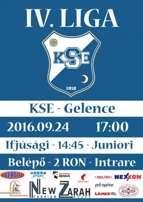 KSE - Gelence labdar�g� m�rkőz�s - 2016. szeptember 24-�n, szombaton hazai k�z�ns�g előtt l�p p�ly�ra a KSE kis �s nagy labdar�g� csapata.
Ez�ttal Gelence csapata lesz az ellenf�l.

A 14:45 �s 17 �r�t�l kezdődő meccsekre v�rnak mindenkit sok szeretettel!
Beugr� 2 lej.