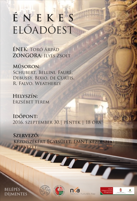 �nekes előad�est a k�zdiv�s�rhelyi Erzs�bet teremben - 2016 szeptember 30-�n, p�nteken 18 �r�t�l �nekes előad�estre ker�l sor a k�zdiv�s�rhelyi Erzs�bet teremben.

Előad�k: Tor� �rp�d,bariton, Ily�s Zsolt zongora, Sz�kelyudvarhelyről. Műsoron: Schubert, Bellini, Faure, Debussy, Bixio, De Curtis, R. Falvio, Weatherly művek. Szervező a K�zdisz�k�rt Egyes�let �s az EMNT k�zdisz�ki szervezete.

A bel�p�s ingyenes.
