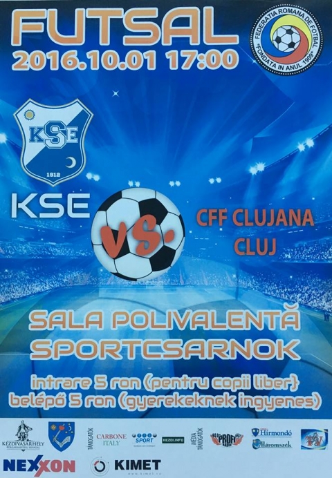 K.S.E Futsal - CFF Clujana Kolozsvár - A Futsal bajnokság I. Liga V. fordulójában 2016. október 1-én, szombat délután 17 órától a KSE Futsal az CFF Clujana Kolozsvár csapattal mérkőzik meg a kézdivásárhelyi Sportcsarnokban.
A belépő felnőtteknek 5 lej, gyerekeknek ingyenes.
#hajrakezdi!
Hajrá KSE Futsal!
1. Autobergamo Déva 12p
2. Dunarea Calarasi 9p
3. CS United Galac 9p
4. City’US Marosvásárhely 9p
5. CSMS Jászvásár 9p
6. Informatica Temesvár 6p
7. Futsal Klub Székelyudvarhely 3p
8. Spicom Sepsiszentgyörgy 3p
9. Muncitorul Resica 3p
10. KSE Kézdivásárhely 0p
11. CFF Clujana Kolozsvár 0p