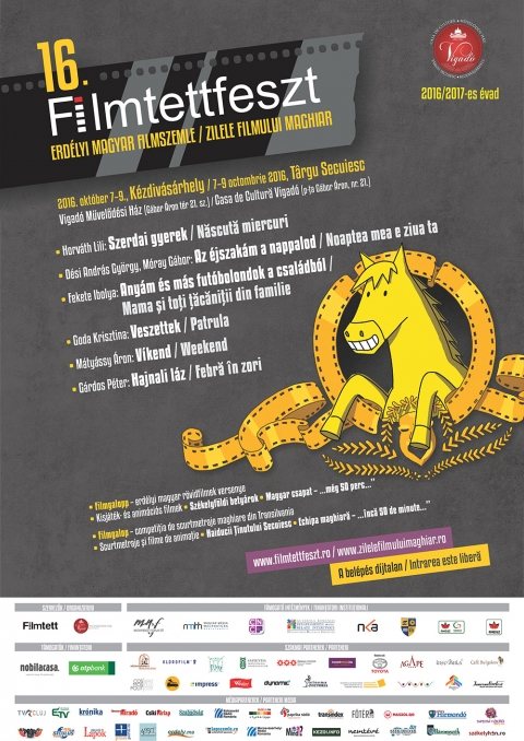 16. Filmtettfeszt - Erd�lyi Magyar Filmszemle 2016 - 16. Filmtettfeszt - Erd�lyi Magyar Filmszemle 2016

Okt�ber 7., P�ntek, Vigad� Gal�ria
16:00 Filmtett Workshop - a 15. Filmtett t�borban k�sz�lt alkot�sok
17:30 Anim�ci�s filmek
19:00 Any�m �s m�s fut�bolondok (r.: Fekete Ibolya, 2015)
21:00 V�kend (r.: M�ty�ssy �ron, 2015)

Okt�ber 8., Szombat, Vigad� Gal�ria
16:00 Filmgalopp
17:30 Magyar csapat (r.: Muhi Andr�s Pires)
19:00 Hajnali l�z (r: G�rdos P�ter, 2015)
21:00 Veszettek (r.: Goda Krisztina, 2015)

Okt�ber 9., Vas�rnap, Vigad� Gal�ria
16:00 Magyar r�videk
17:30 Sz�kelyf�ldi bety�rok (Zsigmond Attila 2014-es dokumentumfilmje)
18:30 �jszak�m a nappalod (r.: D�si Andr�s Gy�rgy, M�ray G�bor, 2015)
20:30 Szerdai gyerek (r.: Horv�th Lili, 2015)

http://www.filmtettfeszt.ro/program-2016#KEZ