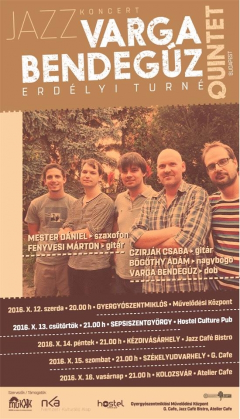 Varga Bendeg�z Quintet koncert - 2016. okt�ber 14-�n 21 �r�t�l Varga Bendeg�z Quintet koncertj�n vehetnek r�szt az �rdeklődők, a Jazz Caf�ben.
A zenekar hangz�s�t alapvetően az egyedi, k�t git�ros fel�ll�s hat�rozza meg. Ez a form�ci� ugyanakkor lehetős�get teremt arra is, hogy a zen�szek intimebb, a szaxofon-bőgő-dob hangz�s keretei k�z�tt t�rhass�k fel a zene m�lys�geit.

https://www.youtube.com/watch?v=5Lwl93sBUT8