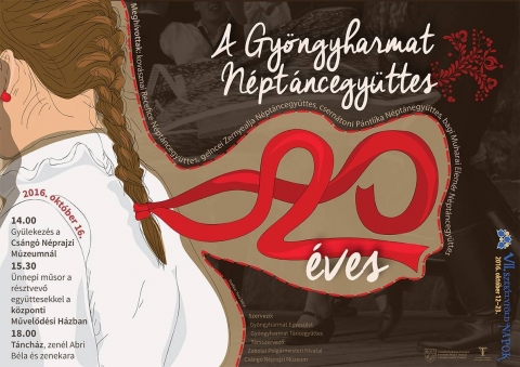 20 �ves a zabolai Gy�ngyharmat N�pt�ncegy�ttes - 2016 okt�ber 16-�n a 20 �ves Gy�ngyharmat N�pt�ncegy�ttes, a kov�sznai Recefice N�pt�ncegy�ttes, a gelencei Zernyealja N�pt�ncegy�ttes, a csern�toni P�ntlika N�pt�ncegy�ttes, a bagi Muharai Elem�r N�pt�ncegy�ttes előad�sain vehetnek r�szt a k�zponti Művelőd�si H�zban, Zabol�n. 

Program:
14:00 Gy�lekez�s a Cs�ng� N�prajzi M�zeumn�l
15:30 �nnepi műsor a r�sztvevő egy�ttesekkel a k�zponti Művelőd�si H�zban
18:00 T�nch�z, zen�t Abri B�la �s zenekara
