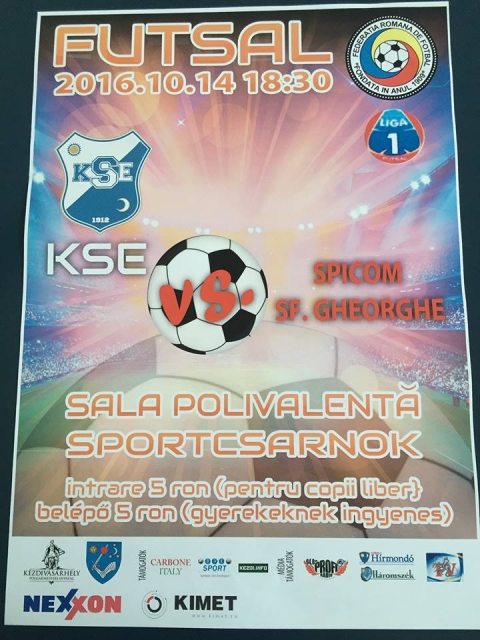 K.S.E Futsal - Spicom Sepsiszentgy�rgy - A Futsal bajnoks�g I. Liga VII. fordul�j�ban 2016. okt�ber 14-�n, p�nteken d�lut�n 18:30-t�l a KSE Futsal a Spicom Sepsiszentgy�rgy csapattal m�rkőzik meg a k�zdiv�s�rhelyi Sportcsarnokban. 

A bel�p� feln�tteknek 5 lej, gyerekeknek ingyenes.
#hajrakezdi!
Hajr� KSE Futsal!

1. Autobergamo D�va 16p
2. CS United Galac 13p
3. CSMS J�szv�s�r 10p
4. City�US Marosv�s�rhely 10p
5 .Informatica Temesv�r 9p
6. Futsal Klub Sz�kelyudvarhely 9p
7. Dunarea Calarasi 9p
8. Spicom Sepsiszentgy�rgy 3p
9. Muncitorul Resica 3p 
10. CFF Clujana Kolozsv�r 3p
11. KSE K�zdiv�s�rhely 0p
