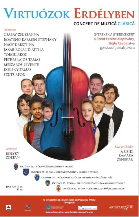 Virtu�zok Erd�lyben � Klasszikus Zenei Koncert  - A Virtu�zok sz�kelyf�ldi turn�j�t m�sodj�ra szervezik meg. A Moln�r Levente opera�nekes, az ARTS�ART4U Alap�tv�ny l�trehoz�ja �ltal meg�lmodott koncertsorozat id�n �t v�rosba �r el, okt�ber 26-�n K�zdiv�s�rhelyen, a Vigad� nagyterm�be 19 �r�t�l kezdődően lesz l�that�. A koncerteken budapesti �s erd�lyi virtu�zok egyar�nt fell�pnek a Cs�ki Kamarazenekar k�zreműk�d�s�vel �s Bolyky Zolt�n vez�nyl�s�vel.

Fell�pnek: 
Csabay Zsuzsanna
Boateng K�rmen Stephany
Nagy Krisztina
Jakab Roland Attila
T�r�k �kos
Petres Lajos Tam�s
M�sz�ros Levente
K�k�ny Tam�s 
Sz�ts Apor

Jegy�r: 20 lej felnőtteknek, 10 lej di�koknak �s nyugd�jasoknak. 
A jegyek előv�telben kaphat�k a Vigad� Művelőd�si H�z k�z�ns�gszolg�lati irod�j�ban, h�tfőtől-cs�t�rt�kig 8-19 �r�ig, p�nteken 8-15 �r�ig, valamint előad�s előtt egy �r�val. Helyfoglal�s a 0267/361-081-es telefonsz�mon vagy az office@vigado.ro e-mail c�men lehets�ges.

(Sajt�k�zlem�ny: Vigad� Művelőd�si H�z)
www.vigado.ro, office@vigado.ro
