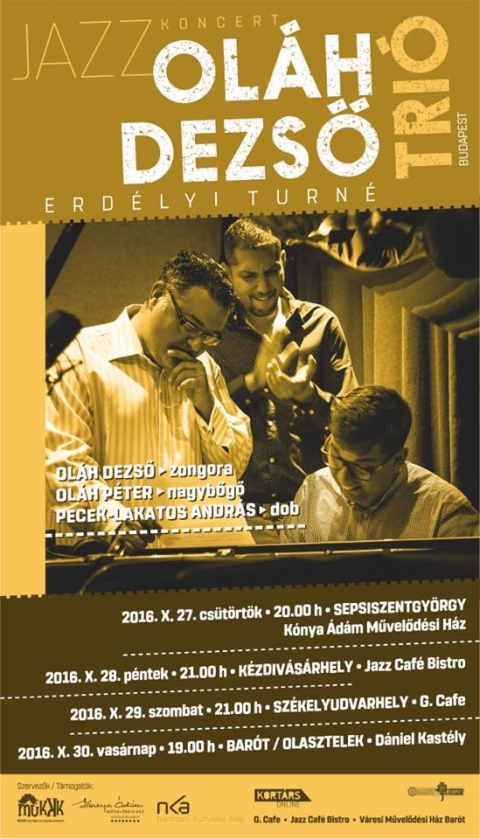 Oláh Dezső Trió koncert - 2016. október 28-án 21 órától Oláh Dezső Trió koncertjén vehetnek részt az érdeklődők, a Jazz Cafében.
Oláh Dezső zongorista-zeneszerző és zenekarvezető Magyarország egyik legtehetségesebb fiatal zenésze. A Junior Prima-díjas billentyűs szeptettjének Hungarian Dreams címen megjelent korongján klasszikus zenei hangszereléseket kevert a jazz zenével, a megszokottól eltérő, eredeti módon. A Harmónia Jazzműhely sorozat keretében ezen az estén jazz triójával mutatkozik be.
Az együttes bőgőse, Oláh Péter rendkívül sok formációban jeleskedik. Egyedülálló stabilitása és kiváló szólisztikus képességei révén minden produkció biztos fundamentuma. Bátyjával közös zenekaruk a Trio Acoustic jelentős sikereket könyvehetett el a az elmúlt évtizedben Japánban.
A dobos Pecek Lakatos András, az évszázad elejének egyik nagy és, szerencsére, bevált reménysége, aki Szakcsi Lakatos Béla New Gipys Jazz együttesében és a Pecek Lakatos Trio tagjaként is hatalmas sikert aratott Londonban. A lassanként közép generációs dobos nemzedék egyik legjobbja, aki fiatalon a Magyar Rádióban Maloschik Róbert által szervezett tehetségkutató versenyen hívta fel magára a figyelmet, amikor első helyet kapott.
https://www.youtube.com/watch?v=v6N3sxGtjb8