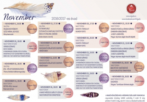 A Vigadó Művelődési Ház - Kézdivásárhely - 2016/2017-es évad novemberi műsorajánlata - A Vigadó Művelődési Ház - Kézdivásárhely - 2016/2017-es évad novemberi műsorajánlata
2016 November 5 - szombat, 18:00 óra
Milbacher Robert - Szűz Mária jegyese - könyvbemutató
2016 November 10 - csütörtök, 18:00 óra
Zsil-Völgyi barangolások - Prisma fotóklub kiállítás megnyitója
2016 November 10 - csütörtök, 19:00 óra
Városi Színház - Matei Visneic: A pandamacik csodalatos utazása, ahogyan ezt egy szaxofonista elmeséli, kinek volt egy szeretője Frankfurtban
Jegyár: 15 lej, diákjegy: 5 lej.
2016 November 11 - péntek, 19:00 óra
Retro-Roll koncert - Rock and roll est - Nagyterem
Jegyár: 10 lej
2016 November 13 - vasárnap, 17:30 óra
Tutukantuale (Tutuka és a Cantuale együttes) Édes a te rizling-csókod - Dalos kabaré a borról - Galéria.
Belépés díjtalan.
2016 November 15 - kedd, 12:00 óra
Macskakő Színjátszó Csoport - Váróterem - Vigadó Stúdió
Jegyár: 5 lej.
2016 November 18 - péntek, 18:00 óra
A Nagy Mózes Elméleti Líceum nagykorúsítási ünnepsége - Nagyterem.
Korlátozott a belépés.
2016 November 20 - vasárnap, 17:00 óra
Hahota társulat - Humor Forte - Nagyterem
Jegyár: 25 lej.
2016 November 21 - hétfő, 10:00 óra
Városi Színház - Matei Visneic: A pandamacik csodálatos utazása, ahogyan ezt egy szaxofonista elmeséli, kinek volt egy szeretője Frankfurtban
Jegyár: 15 lej, diákjegy: 5 lej.
2016 November 21 - hétfő, 19:00 óra
Városi Színház - Matei Visneic: A pandamacik csodalatos utazása, ahogyan ezt egy szaxofonista elmeséli, kinek volt egy szeretője Frankfurtban
Jegyár: 15 lej, diákjegy: 5 lej.
2016 November 22 - kedd, 10:30 óra
Vigadó Stúdió és Városi Színház - Cimborák bábszínház - A rest legényről - Magyar népmese alapján készült bábjáték - Nagyterem
Jegyár: 5 lej
2016 November 22 - kedd, 12:00 óra
Vigadó Stúdió és Városi Színház - Cimborák bábszínház - A rest legényről - Magyar népmese alapján készült bábjáték - Nagyterem
Jegyár: 5 lej
2016 November 25 - péntek, 18:00 óra
Bod Péter Tanítóképző - Nagykorúsítási ünnepség - Nagyterem
Korlátozott a belépés
2016 November 29 - kedd, 19:00 óra
Igazmese - Wagner: tannhauser története alapján
Belépés díjtalan.
A Vigadó Művelődési Ház a műsorváltozás jogát fenntartja.
Jegyvásárlási lehetőség hétfőtől csütörtökig 8 órától 19 óráig, pénteken 8 órától 15 óráig, valamint 1 órával az előadások kezdése előtt.