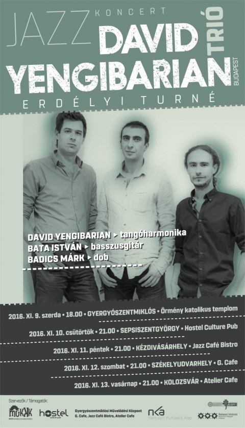 D�vid Yengibarian Tri� koncert a Jazz Caf�-ban - 2016 november 11-�n, p�nteken este 21 �r�t�l K�zdiv�s�rhelyen a Jazz Cafe pinc�ben ad koncertet a D�vid Yengibarian Tri�.

https://www.facebook.com/events/579127715621178/

https://www.youtube.com/watch?v=v4nbJglFCtU

David Jengibarjan (�rm�nyorsz�g, Jerev�n, 1976�) harmonikaműv�sz, dzsesszzen�sz, zeneszerző. Zen�sz csal�dban sz�letett. �rm�nyorsz�gban tanult meg harmonik�zni. 1995-ben telep�lt Magyarorsz�gra. Fell�pett sz�nh�zi produkci�kban, j�tszott k�l�nb�ző filmekben (Luk�ts Andor: Portug�l, Bűn �s bűnhőd�s, Holstein Lovers). Zeneszerzője volt Farkas Gy�rgy: V�rvonal, F�sős Andr�s: Street, Heart, Beat, Szőke Andr�s: H�rom, Sas Tam�s: Szerelemtől s�jtva c. filmeknek. Zen�je: vil�gzene, az �rm�ny n�pzene, az argentin tang�, �s Astor Piazzolla vil�g�nak egyvelege. Budapesten rendszeresen fel szokott l�pni t�bbek k�z�tt a Fon�ban, a Merlin Sz�nh�zban, a Traf�ban, a Szk�n� Sz�nh�zban, a Vist�ban �s a Mat�v Zeneh�zban. A nagyvil�g k�l�nb�ző jeles helyein is gyakran koncertezik. Sn�tberger Ferenccel �s Barcza Horv�th J�zseffel l�pett fel 2001-ben Pr�g�ban a Khamaro Roma fesztiv�lon. Sz�listak�nt dolgozott egy Milo� Forman fiai �ltal rendezett sz�ndarabban. Marozs�n Erika sz�n�sznővel �s L�z�r Zsigmond hegedűssel k�zreműk�dtek a Szomor� vas�rnap c�mű film k�lni g�l�j�n. 1999-ben alakult meg tri�ja. Tagjai: Barcza Horv�th J�zsef, bőgő, Juh�sz G�bor, git�r; majd, 2002-től, Egri J�nos, bőgő, Botos J�zsef, git�r.