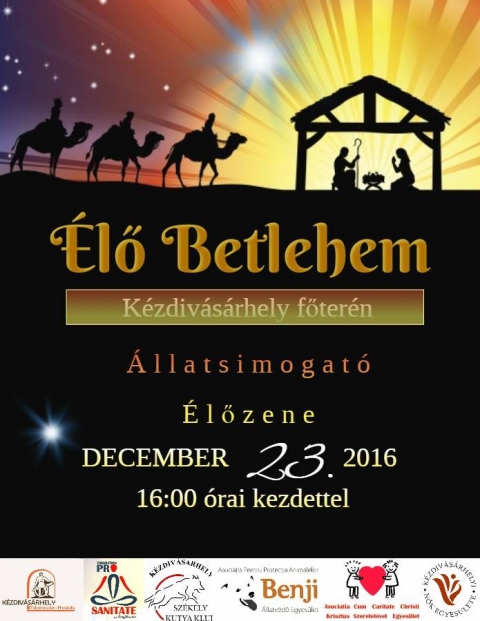 �lő Betlehem a G�bor �ron t�ren - Szenteste előtt egy nappal, december 23-�n, p�nteken 16 �s 19 �ra k�z�tt betlehemes j�t�kot szervez a Benji �llatv�dő Egyes�let, a Sz�kely Kutya Klub �s partnerei a G�bor �ron t�ren. Az �lethű j�t�kban �lő �llatok szerepelnek majd, �gy a kicsik nemcsak megn�zhetik, meg is simogathatj�k őket. A betlehemes j�t�kban k�zreműk�dik furuly�s csoport F�rika Bal�zs k�ntor vezet�s�vel, valamint a Cum Caritate Christi szeretetiskola di�kjai �s T. Kop�csi Ferenc k�zdialm�si pl�b�nos is, akik kar�csonyi �nekekkel �rvendeztetik a kil�togat�kat. A Pro Sanitate Alap�tv�ny tagjai pedig kisebb aj�nd�kkal kedveskednek a r�szt vevő gyerekeknek, a Nők Egyes�lete forr� te�val k�sz�l.

Az �lőzen�t biztos�tja: F�rika Bal�zs katolikus k�ntor �s gyermekzenekara (16.00 �r�t�l), valamint a Cum Caritate Christi Egyes�let gyermekk�rusa (17.00 �r�t�l).

A rendezv�ny szervezői: K�zdiv�s�rhely Polg�rmesteri Hivatala, Pro Sanitate Alap�tv�ny, Sz�kely Kutyaklub, Benji �llatv�dő Egyes�let, K�zdiv�s�rhelyi Nők Egyes�lete �s a Cum Caritate Christi Egyes�let.

Szeretettel v�runk mindenkit forr� te�val �s finoms�gokkal, december 23-�n, p�nteken, 16.00 �rai kezdettel!