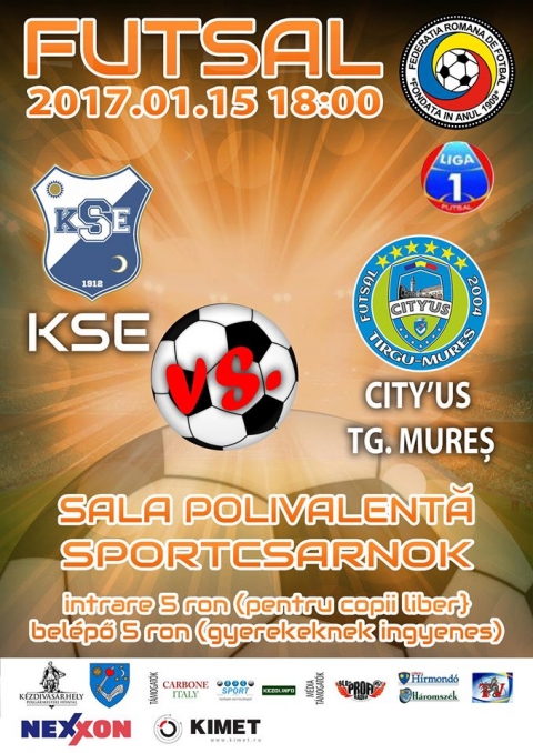 K.S.E Futsal - City'US TG Marosvásárhely mérkőzés a Sportcsarnokban - A Futsal bajnokság I. Ligában, 2017. január 15-én, vasárnap délután 18:00-tól a KSE Futsal a City'US TG Marosvásárhely csapattal mérkőzik meg a kézdivásárhelyi Sportcsarnokban.
A belépő felnőtteknek 5 lej, gyerekeknek ingyenes.
#hajrakezdi!
Hajrá KSE Futsal!
1. CS United Galac 31p
2. Autobergamo Déva 30p
3. Informatica Temesvár 30p
4. Dunarea 2005 Calarasi 30p
5. Futsal Klub Székelyudvarhely 26p
6. City’US Marosvásárhely 21p
7. CSMS Jászvásár 17p
8. Spicom Sepsiszentgyörgy 13p
9. Muncitorul Resica 10p
10. CFF Clujana Kolozsvár 3p
11. KSE Kézdivásárhely 0p