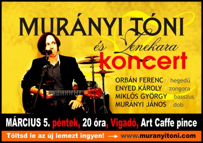 Murányi Tóni és zenekara koncert az Art Cafféban - Március 5.-én, pénteken, 20.00 órától Murányi Tóni és zenekara az Art Caffé klubban.Murányi Tóni és maroknyi csapata először játszik Kézdivásárhelyen, az esemény apropója pedig kétségtelenül a dalszerző frissen megjelent lemeze: 'A libapásztor srác'. Mivel a kiadvány egyfajta válogatása a Murányi Tóni-koncertek legkedveltebb dalainak, teljesen biztosak lehetünk abban, hogy eme koncerten is felcsendülnek majd a 'Csodaszép' meg 'Chang Lee' című kedvencek, de a műsor bőven tartalmaz korábbi dalokat is - számolva a teljesen friss közönséggel. 'A libapásztor srác' című Murányi Tóni-lemez nem csak mondanivalójában hordoz titkokat és érdekességeket, hanem az album megjelenése is okozott meglepetéseket: a teljes lemezanyag ingyen letölthető az előadó honlapjáról (www.muranyitoni.com), miközben a könyves-cédés változat megvásárolható akár a koncert helyszínén is.Belépő: 10 lej felnőtteknek, 5 lej diákoknak