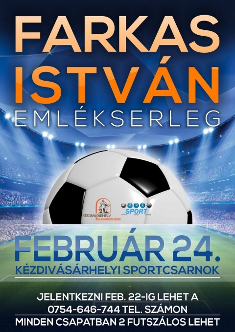 Farkas István Emlékserleg - Farkas István Emlékserleg
A február elejére meghirdetett Minifoci Bajnokság elhalasztódott február 25- re.
Jelentkezni 22-ig lehet a 0754646744- es telefonszámon.