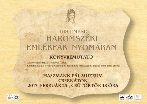 Kis Emese: Háromszéki emlékfák nyomában - könyvbemutató - Február 23-án, csütörtökön 18 órától a csernátoni Haszmann Pál Múzeumban mutatják be Kis Emese Háromszéki emlékfák nyomában című könyvét.
A könyvet dr. Ambrus Ágnes, a Babeş-Bolyai Tudományegyetem nyugalmazott adjunktusa méltatja, közreműködik a Zöld Nap Egyesület, Beke Edina szaval, Jánó Kinga és Béres Erika énekel.
Minden érdeklődőt szeretettel várnak!